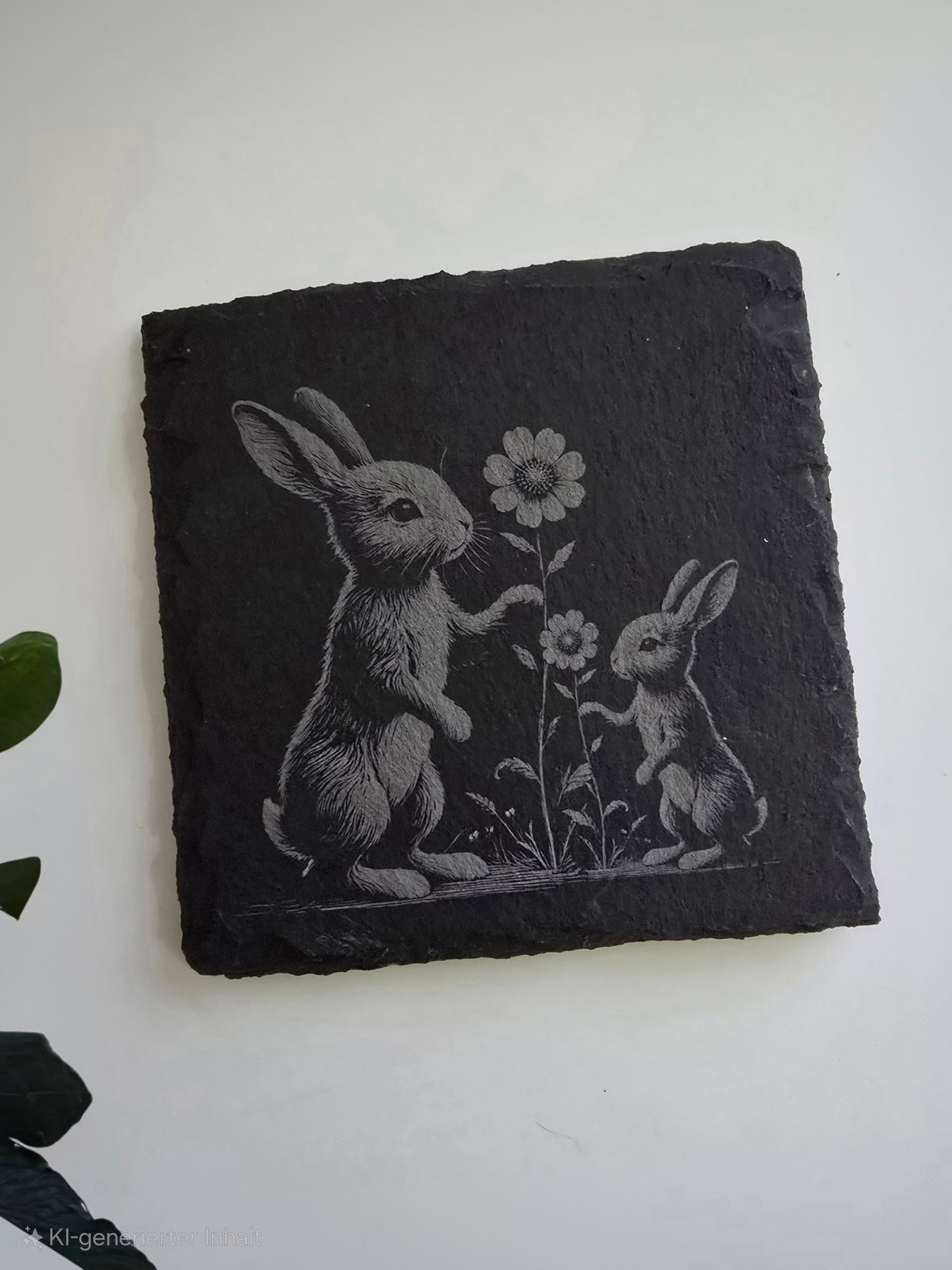 Schieferuntersetzer „Hasenliebe“ – Detailreiche Gravur für Frühlingsgefühle